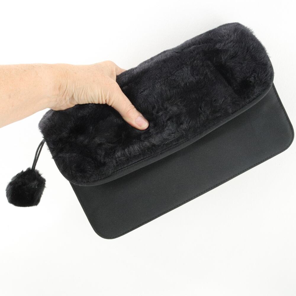 Vtg Liz K New York Handbag Clutch Black Faux Fur Pom Pom Purse Shoulder Bag